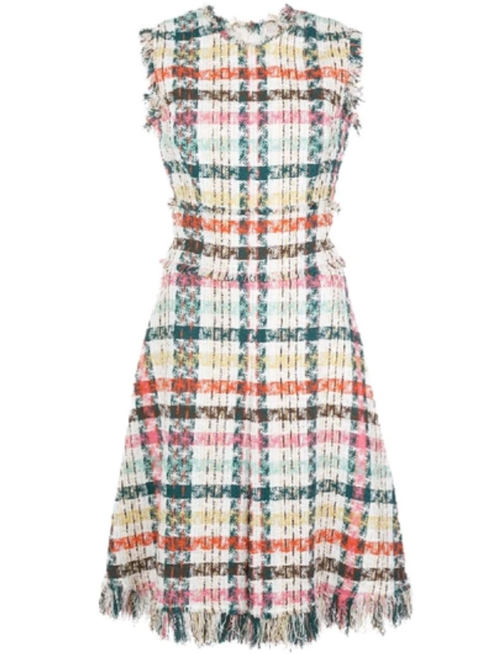 Oscar de la Renta Multicolor Tweed Midi Dress White Pink Green Orange M L